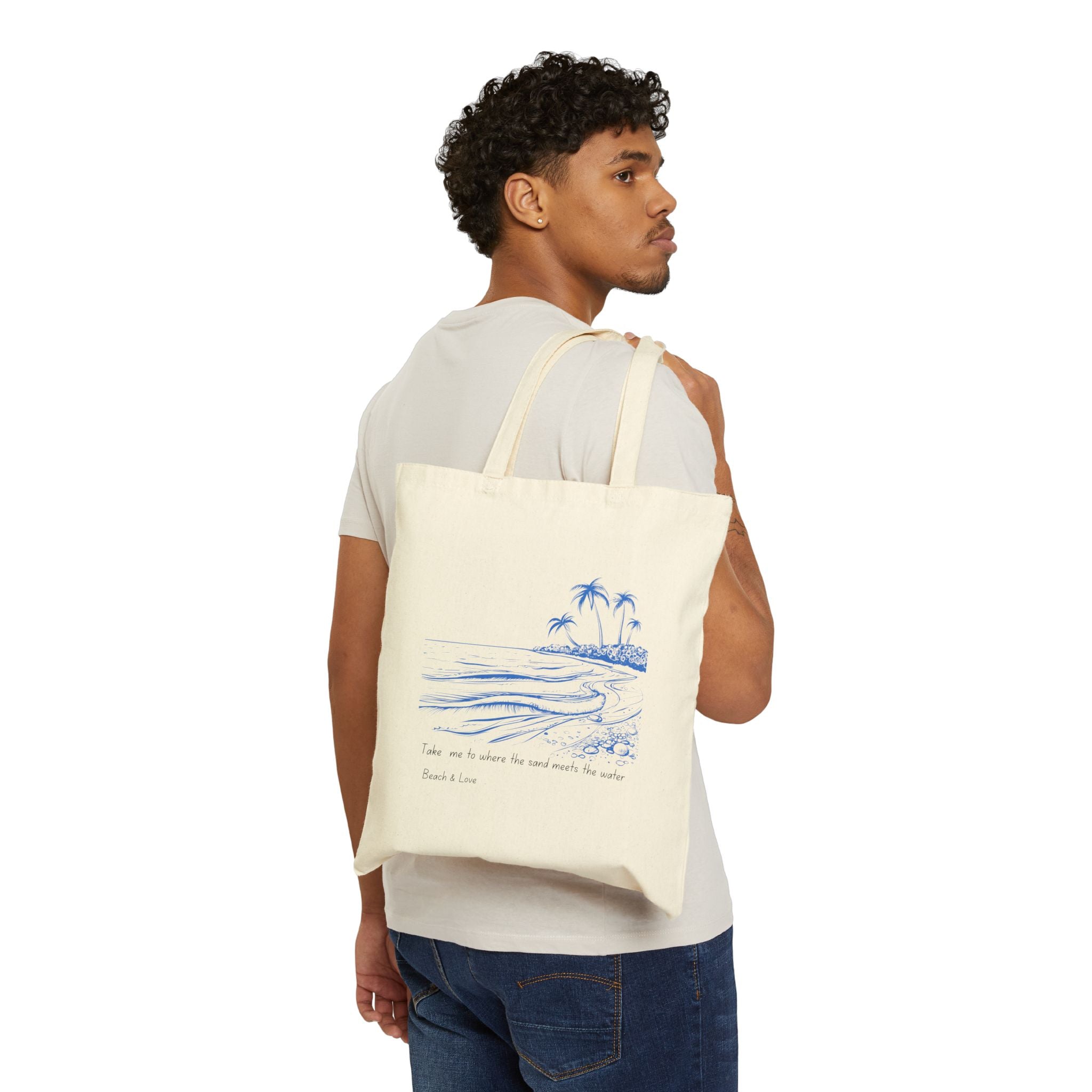 Canvas Tote Bag — Blue Sketch Beach Design, 'Take Me to Where the Sand Meets the Water'