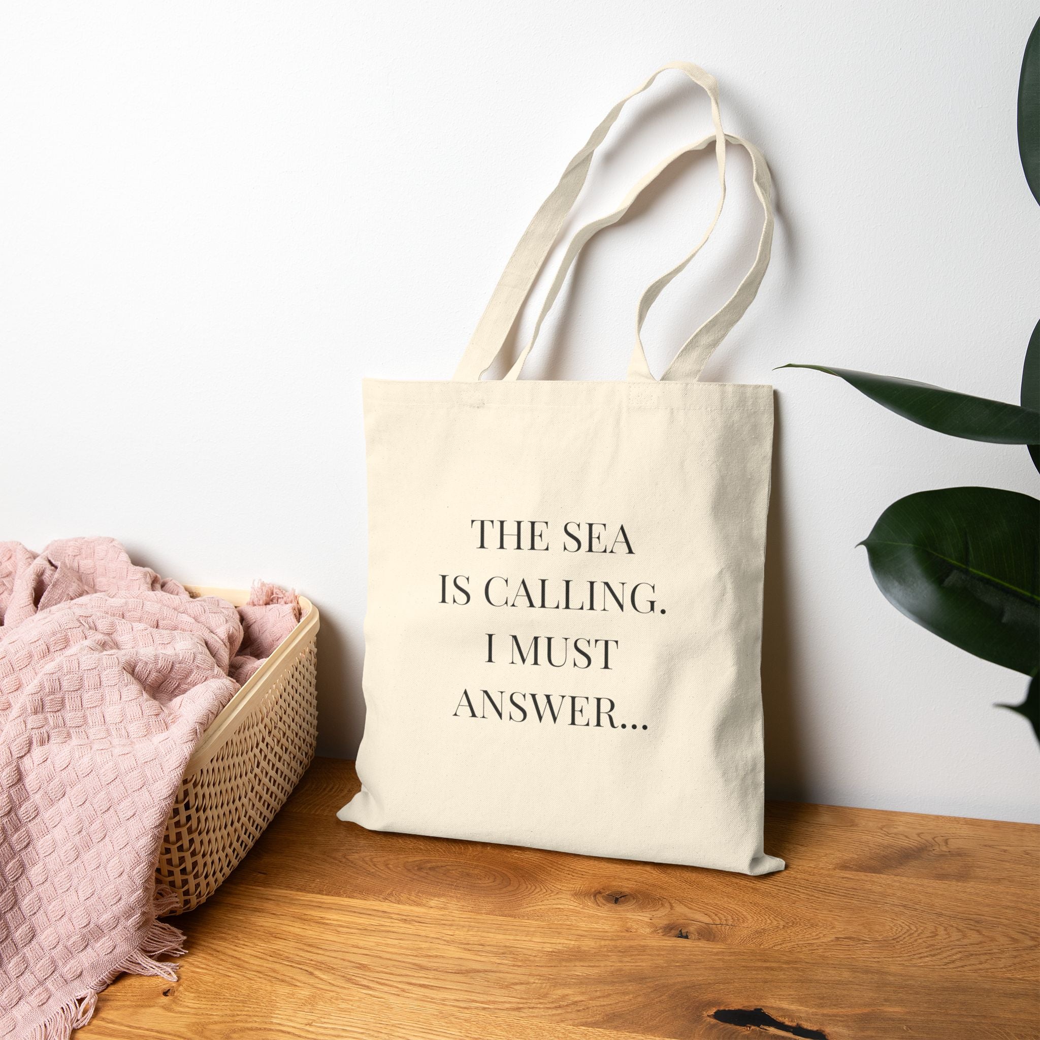 Tote Bag — “The Sea Is Calling, I Must Answer” Canvas Beach Tote