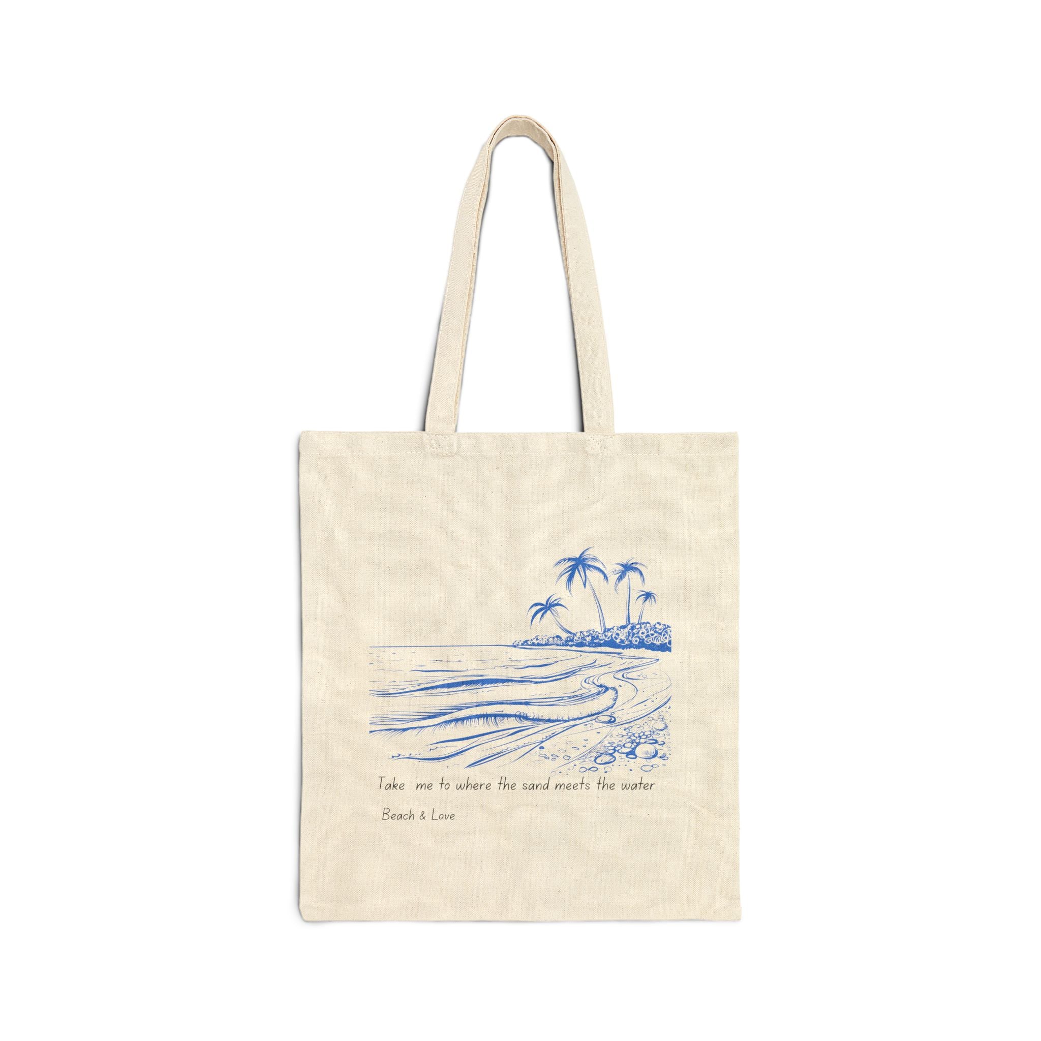 Canvas Tote Bag — Blue Sketch Beach Design, 'Take Me to Where the Sand Meets the Water'