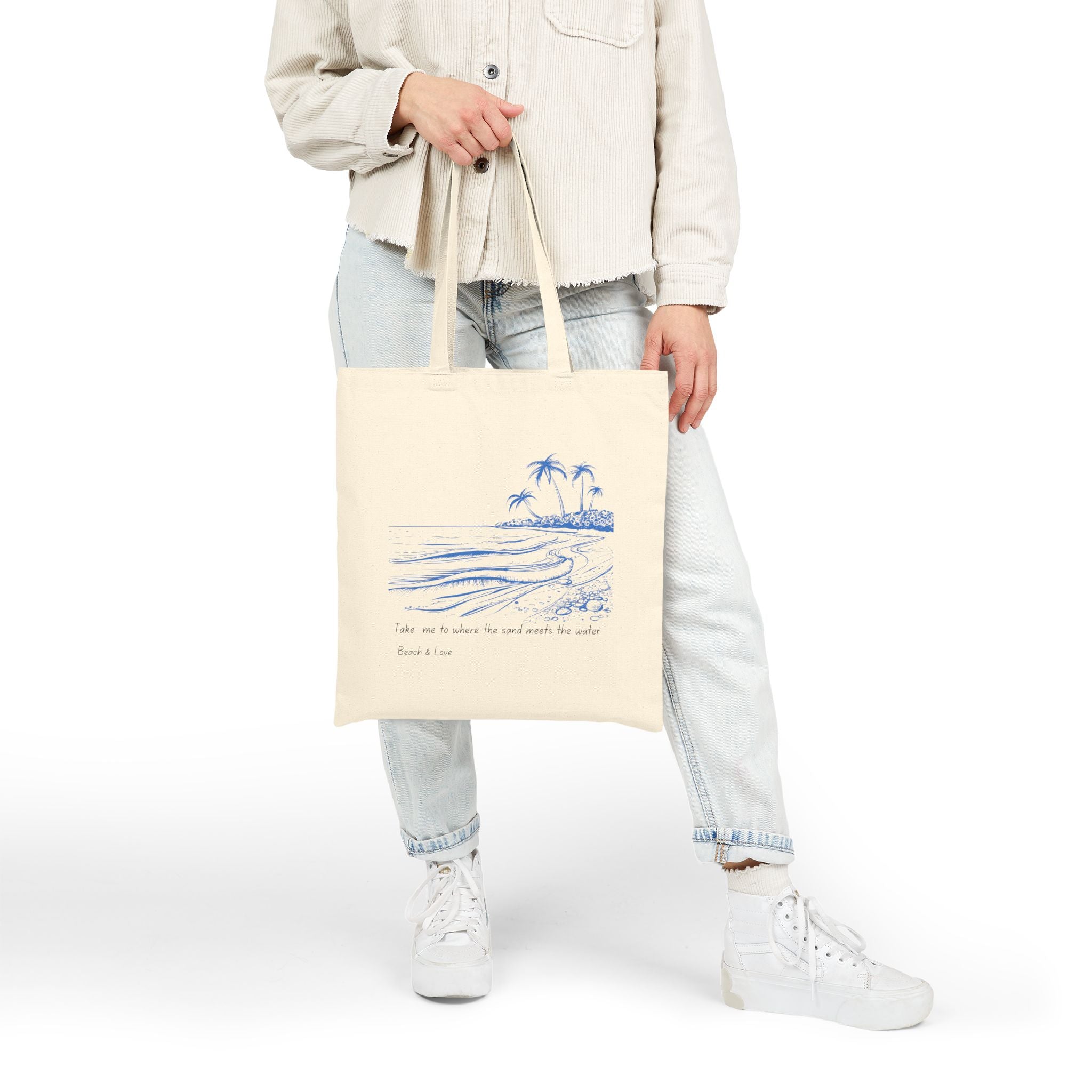 Canvas Tote Bag — Blue Sketch Beach Design, 'Take Me to Where the Sand Meets the Water'