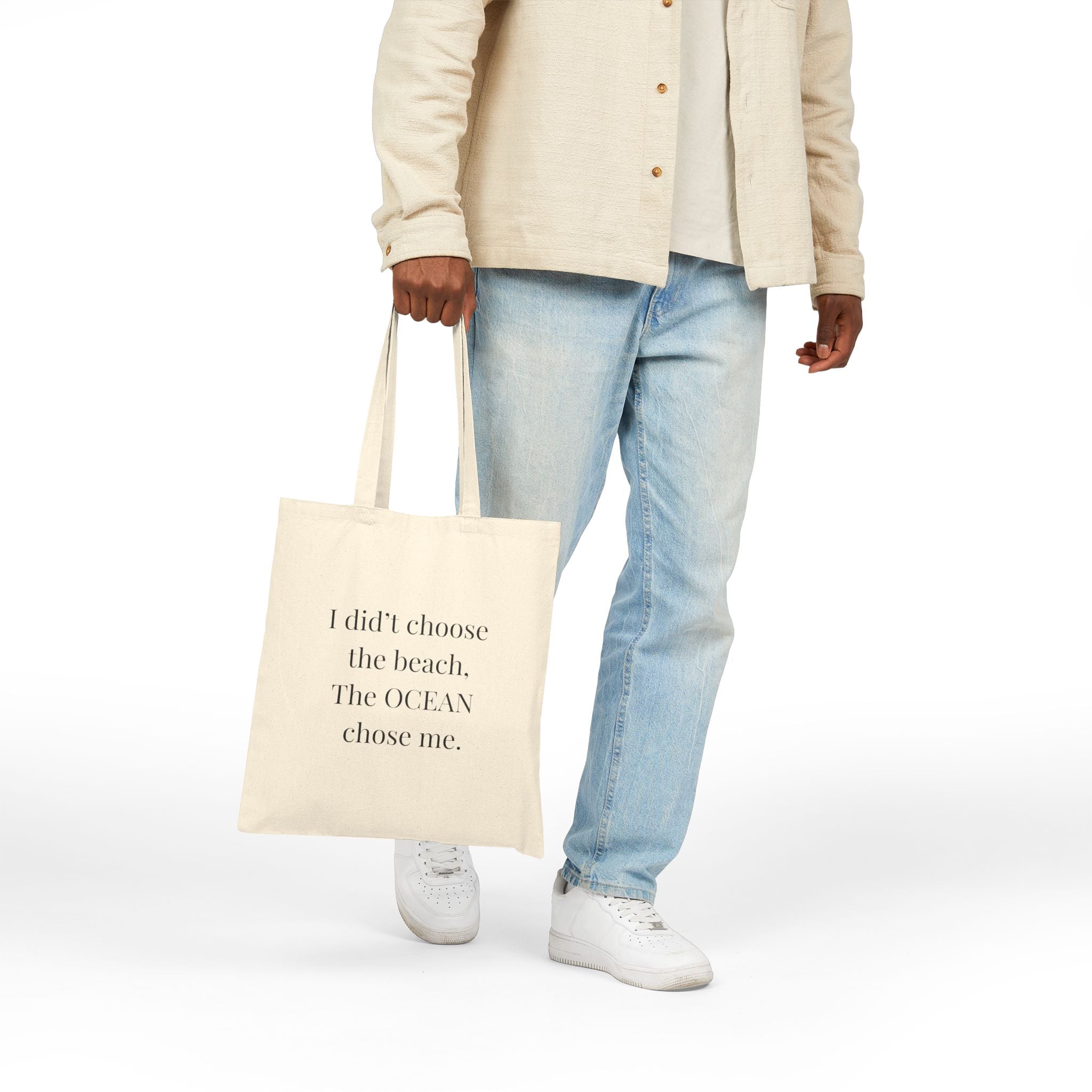 Beach Quote Tote Bag — "I didn't choose the beach. The OCEAN chose me." Canvas Market Tote