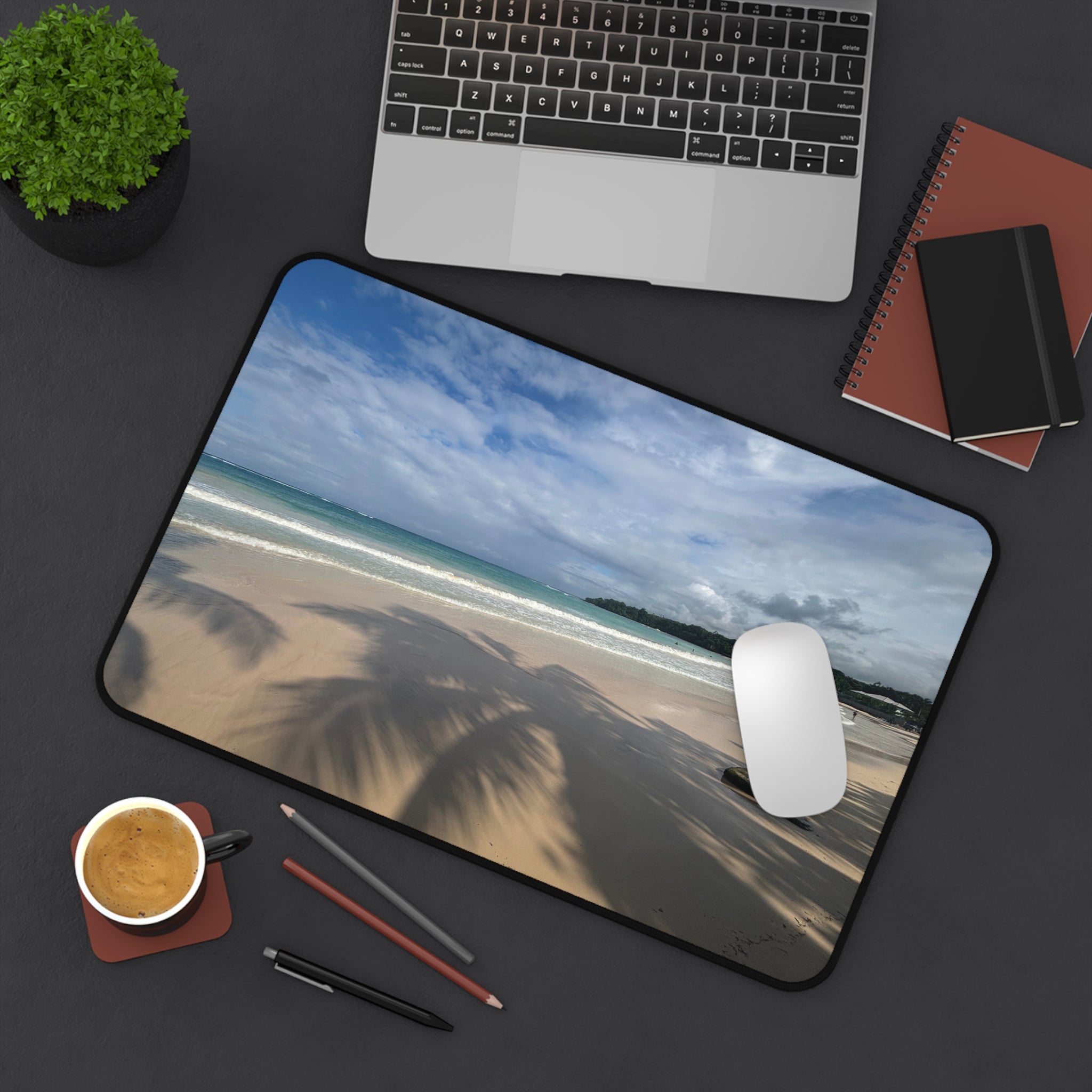 Beach Palm Shadows Desk Mat — Tropical Coastal Mouse Pad for Home Office