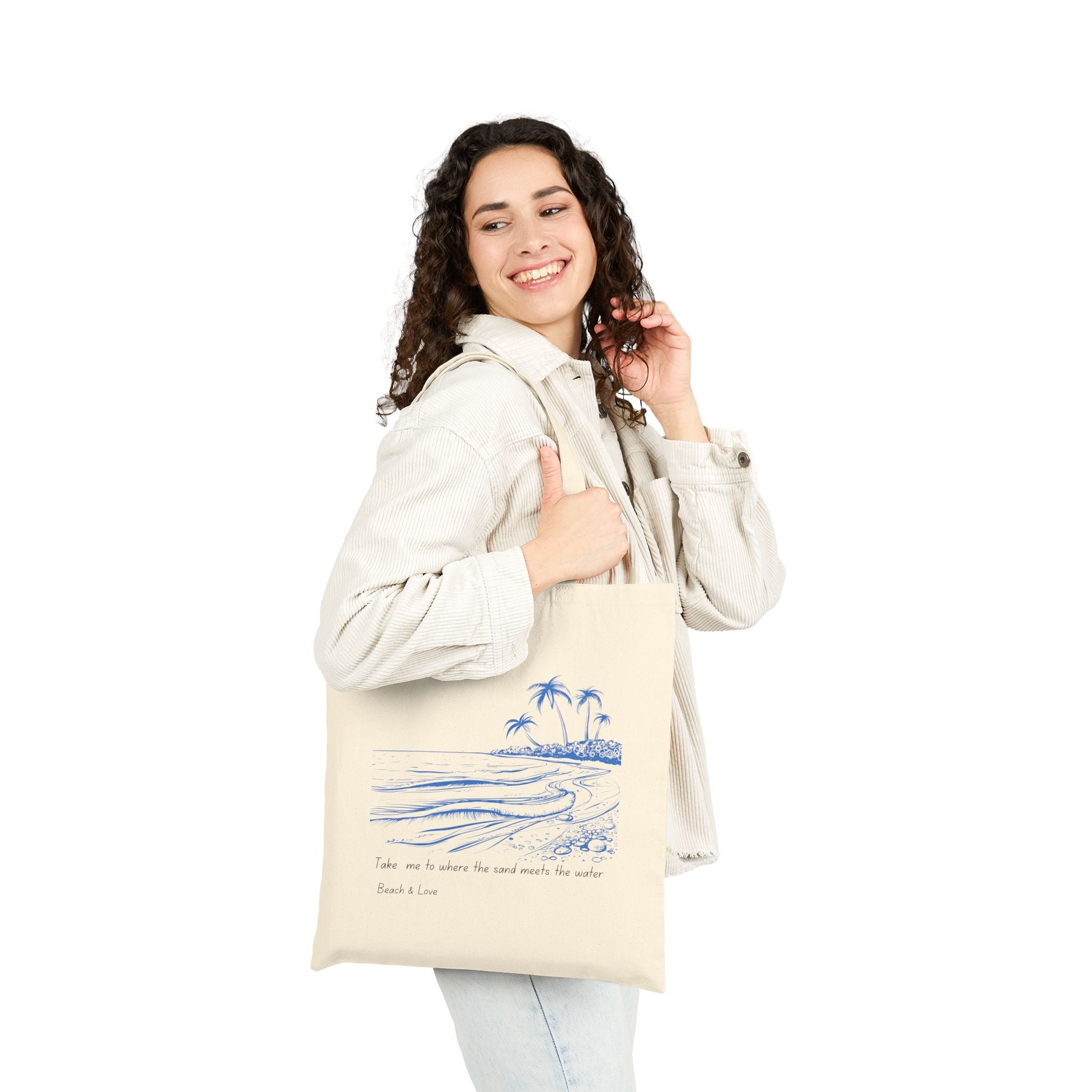 Canvas Tote Bag — Blue Sketch Beach Design, 'Take Me to Where the Sand Meets the Water'